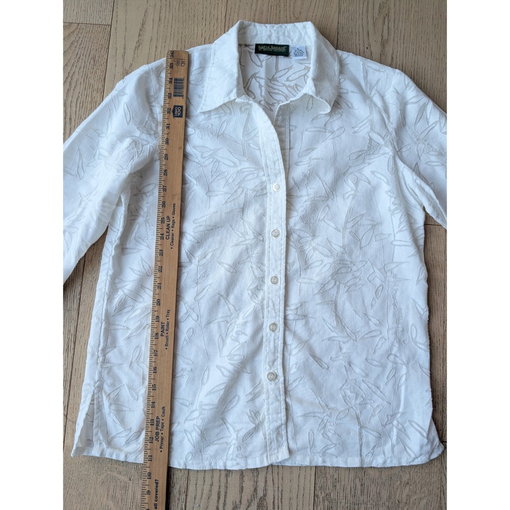 Harve Benard‎ Womens Linen Blend White Leaf Pattern Button Up 3/4 sleeve Shirt L - Picture 6 of 7
